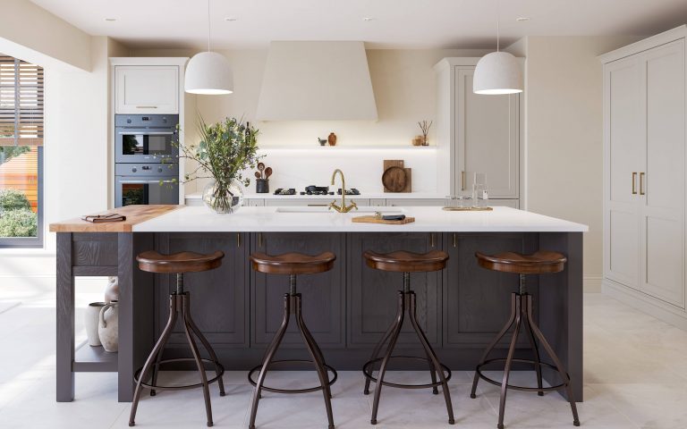 Two-tone island with bar stools
